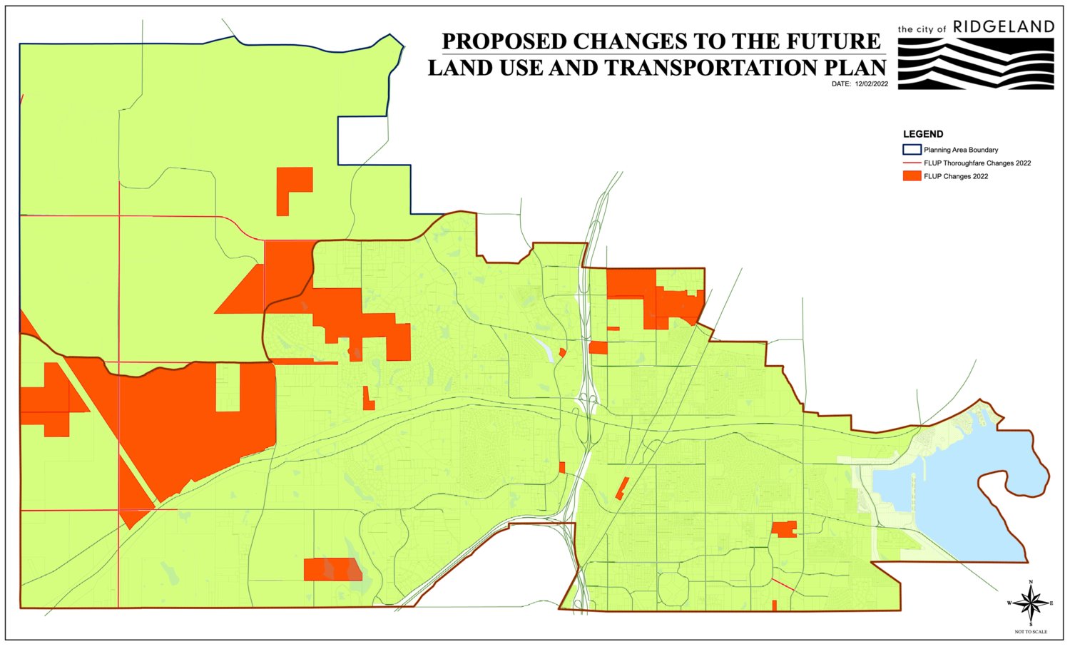 Areas with changes to Ridgeland’s Future Land Use and Transportation Plan are highlighted in orange.